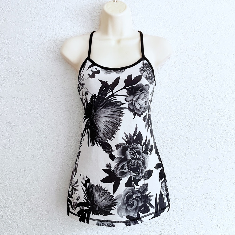 Lululemon Athletica Power Y Tank Black and White Floral Top Size 2 SMALL